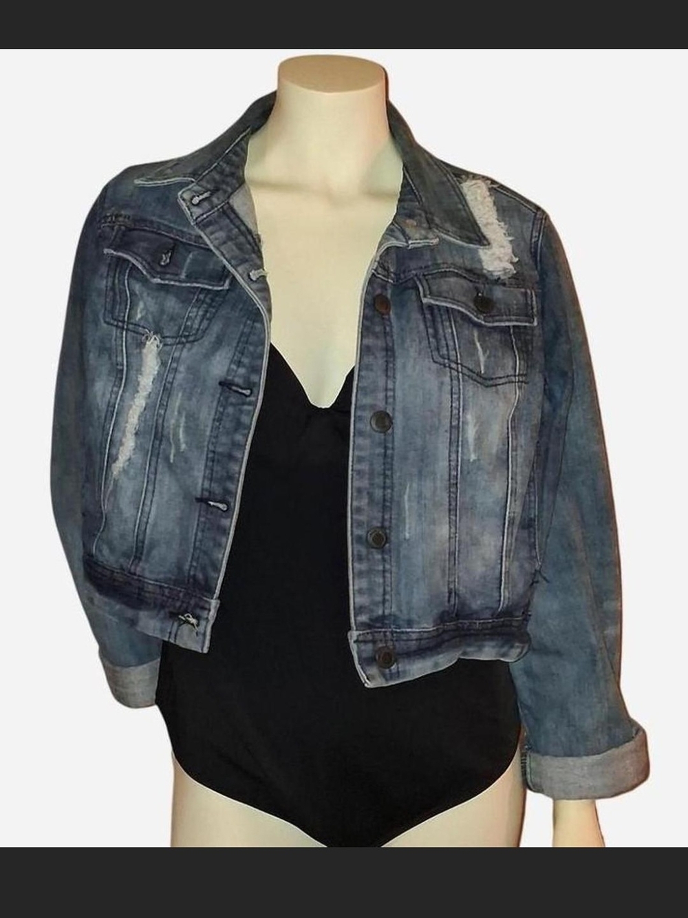 Cropped Distressed Blue Denim Jacket - Women's